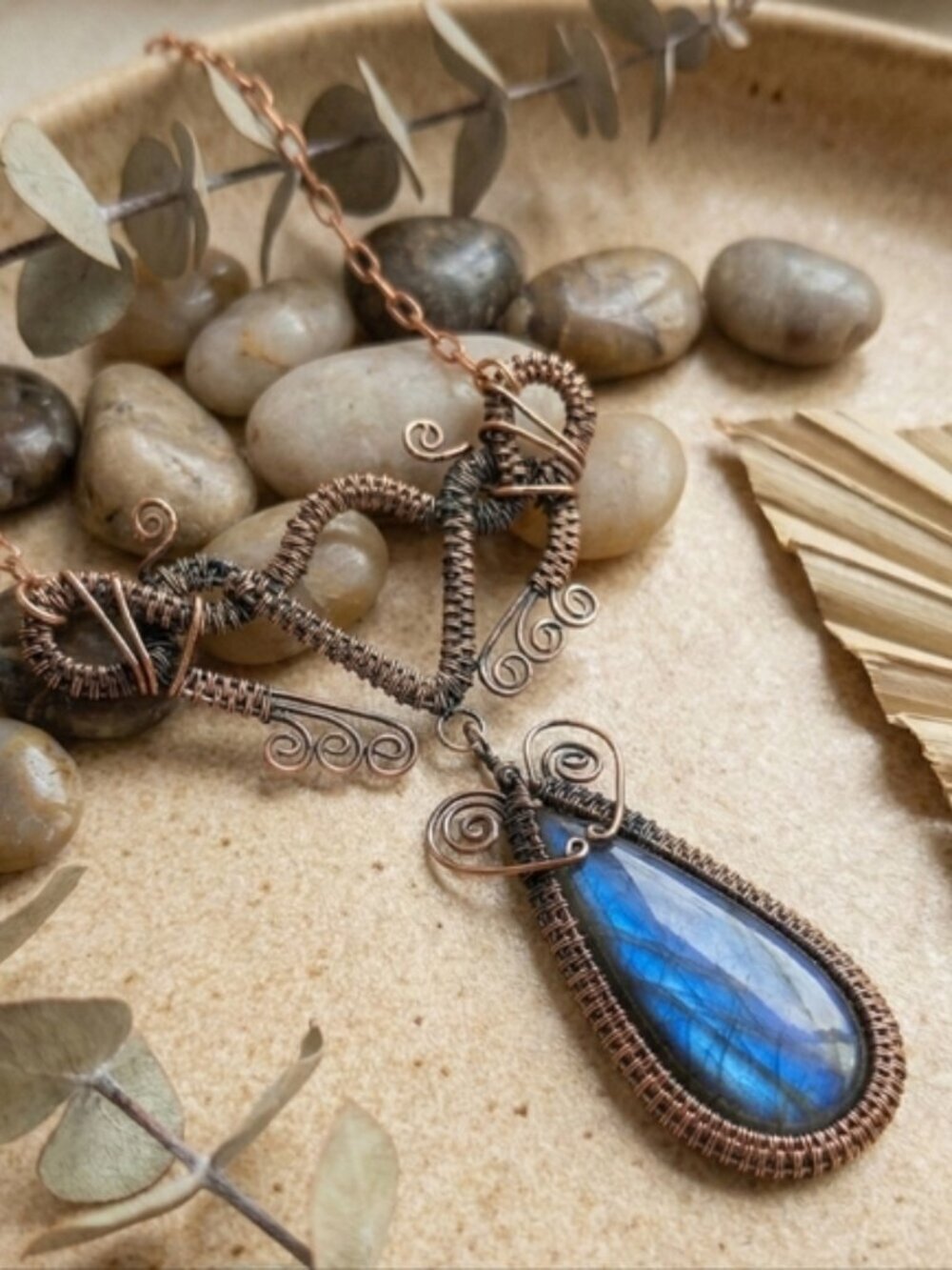 Blue Flash Labradorite Copper Wire Wrap Witchy Whimsigoth Bib Necklace 14.5"